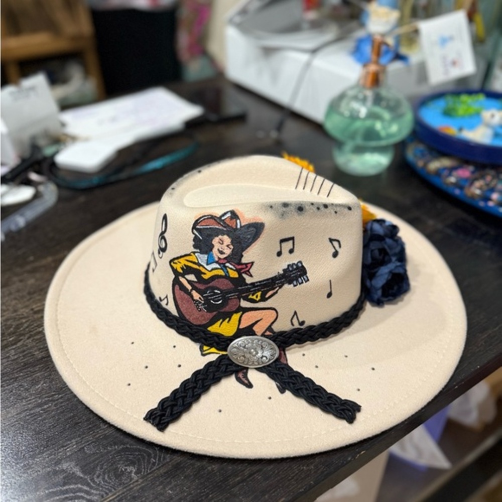 Artistic Hand Painted Beige Women's Hat with Black Accents